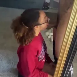 Big cock, mirror, glasses, blowjob